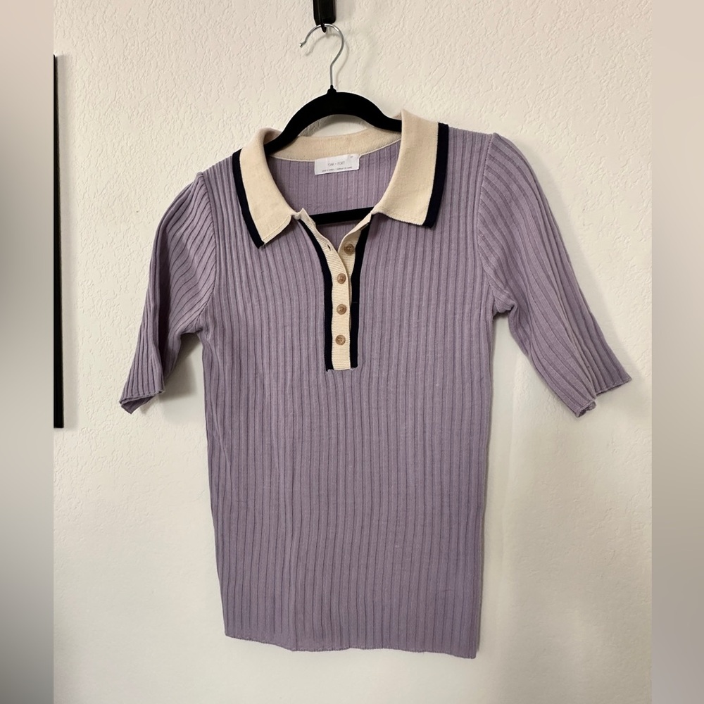Lavender Ribbed Knit Polo Top Cream Collar Coquette Oak + Fort Sweater S